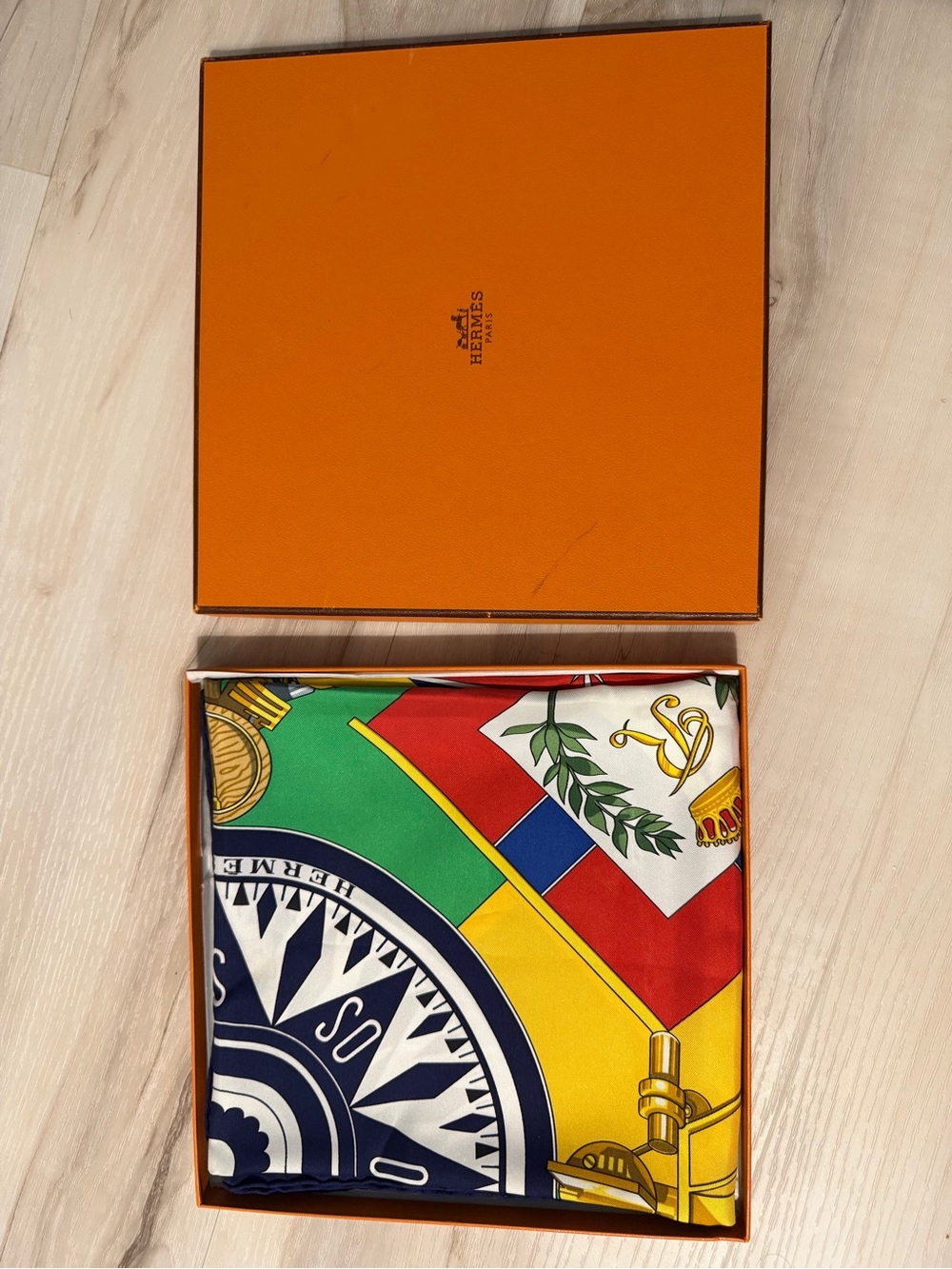 Vintage Hermès “Sextants” 90 Silk Scarf Loïc Dubigeon + Original Box & Paper